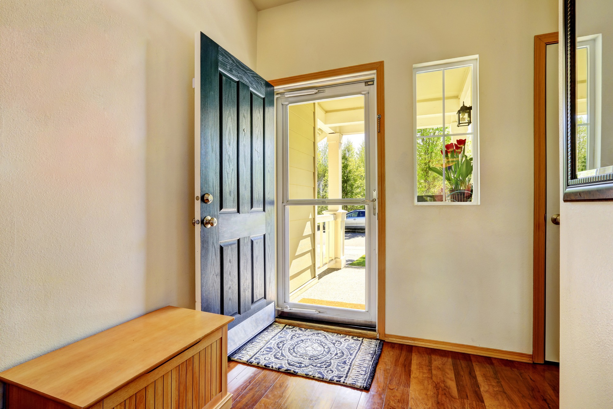 Small foyer with green open front door.